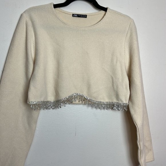 Zara Soft Ribbed Fuzzy Cropped Sweatshirt Top with Hanging Rhinestone Detail - Picture 11 of 15